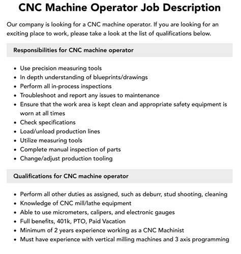 cnc lathe machine operator job description|cnc operator requirements.